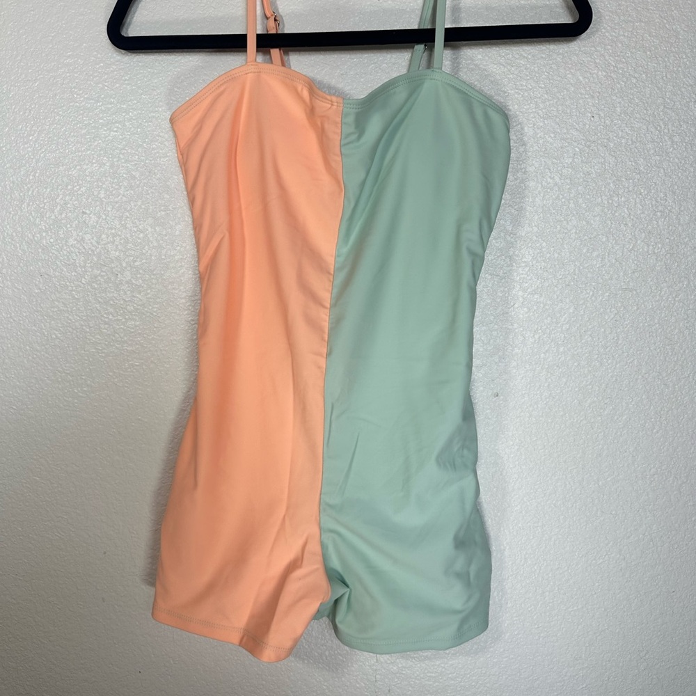 Orange and Green Color-Blocked One Piece Swimsuit